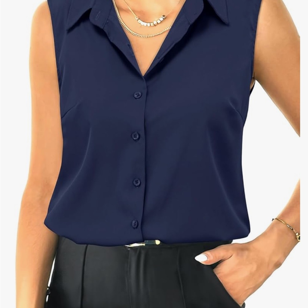 Womens Sleeveless Button Down Shirt Tops V Neck Business Casual Tank Top